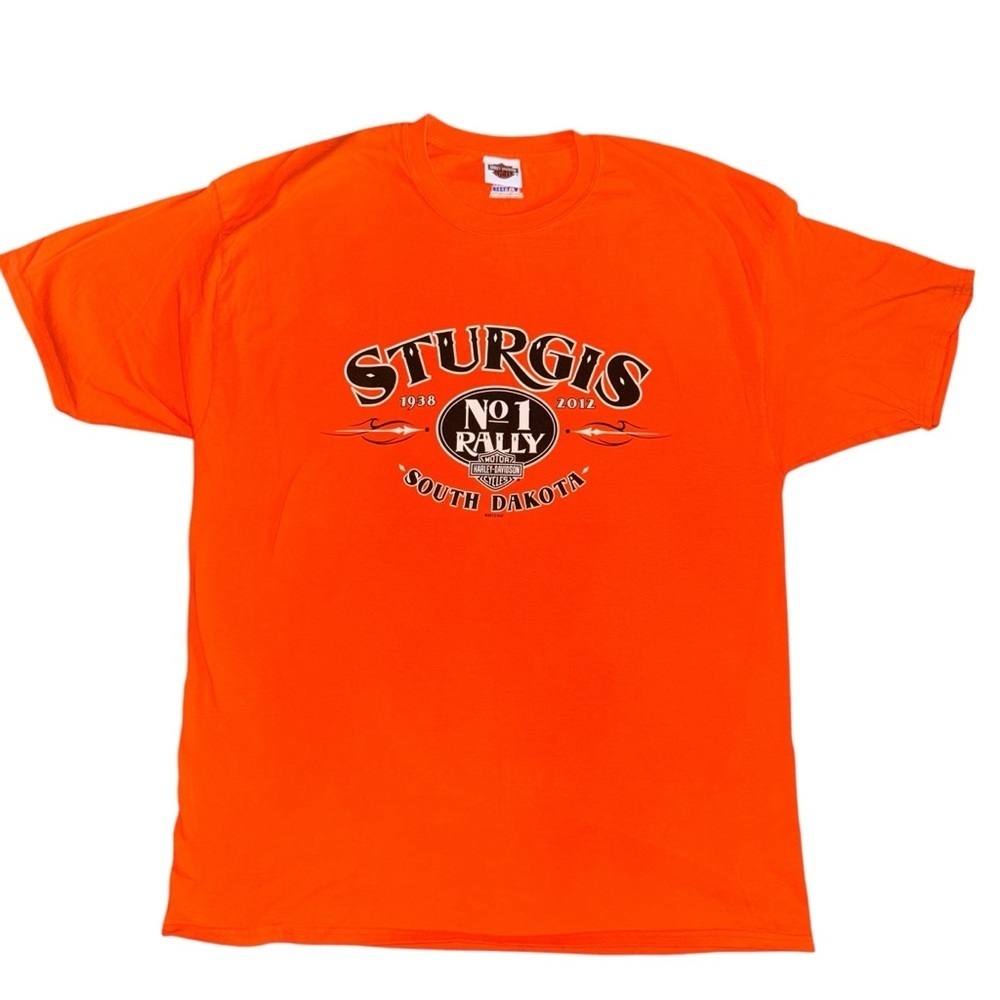 Harley Davidson Cycle Men’s T-Shirt Sz 2XL Orange STURGIS 1938-“2012 No. 1 Rally